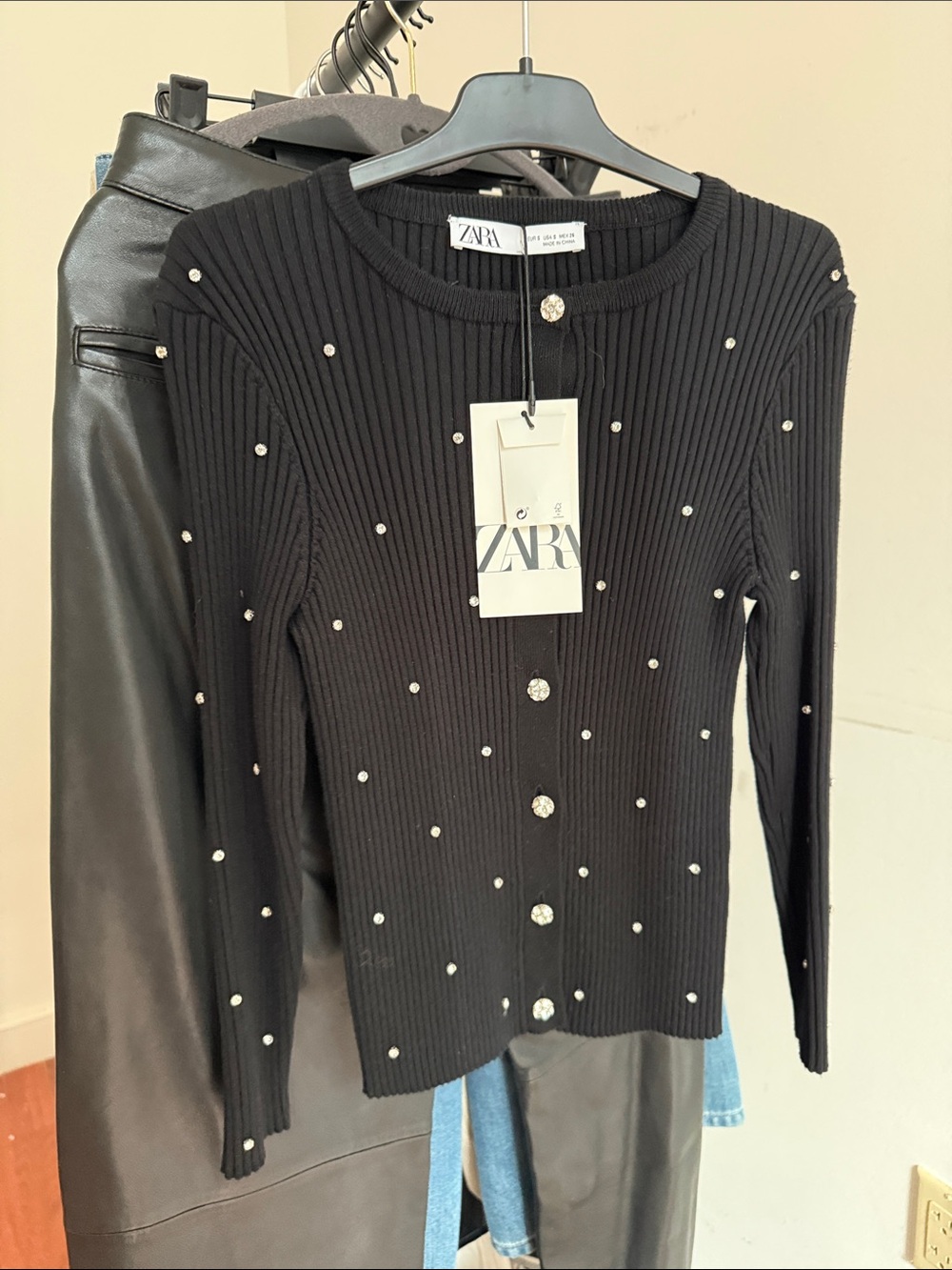 Zara Black Ribbed Pearl-Accent Cardigan